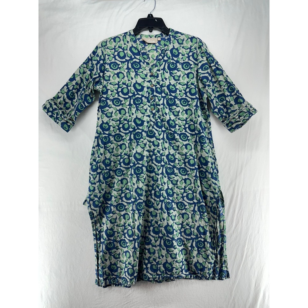 Utsa Womens Blue Green Abstract Floral Cotton Kurta Tunic Dress L Side Slits